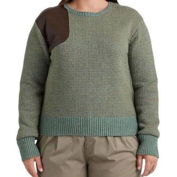 Ralph Lauren Wool Blend Sweater Women's Plus Size 2X Green Faux Leather Trim - Picture 1 of 9
